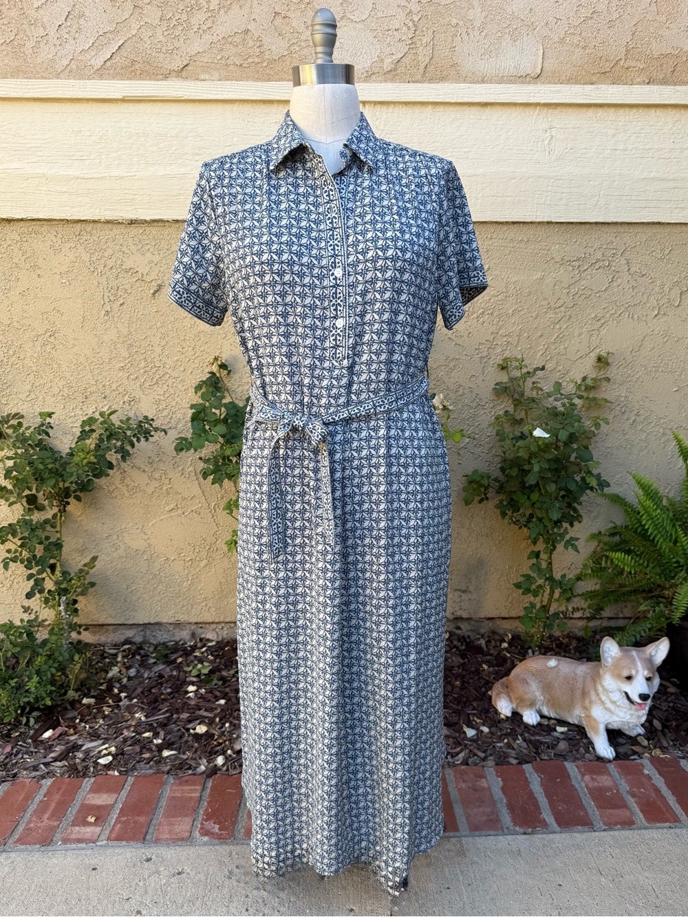 NWT Max Studio Blue Printed Short-Sleeve Maxi Shirt Dress with Tie Waist